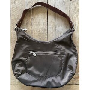Baggallini Jessica Brown Hobo Shoulder Handbag Nylon Leather Packable Travel Med